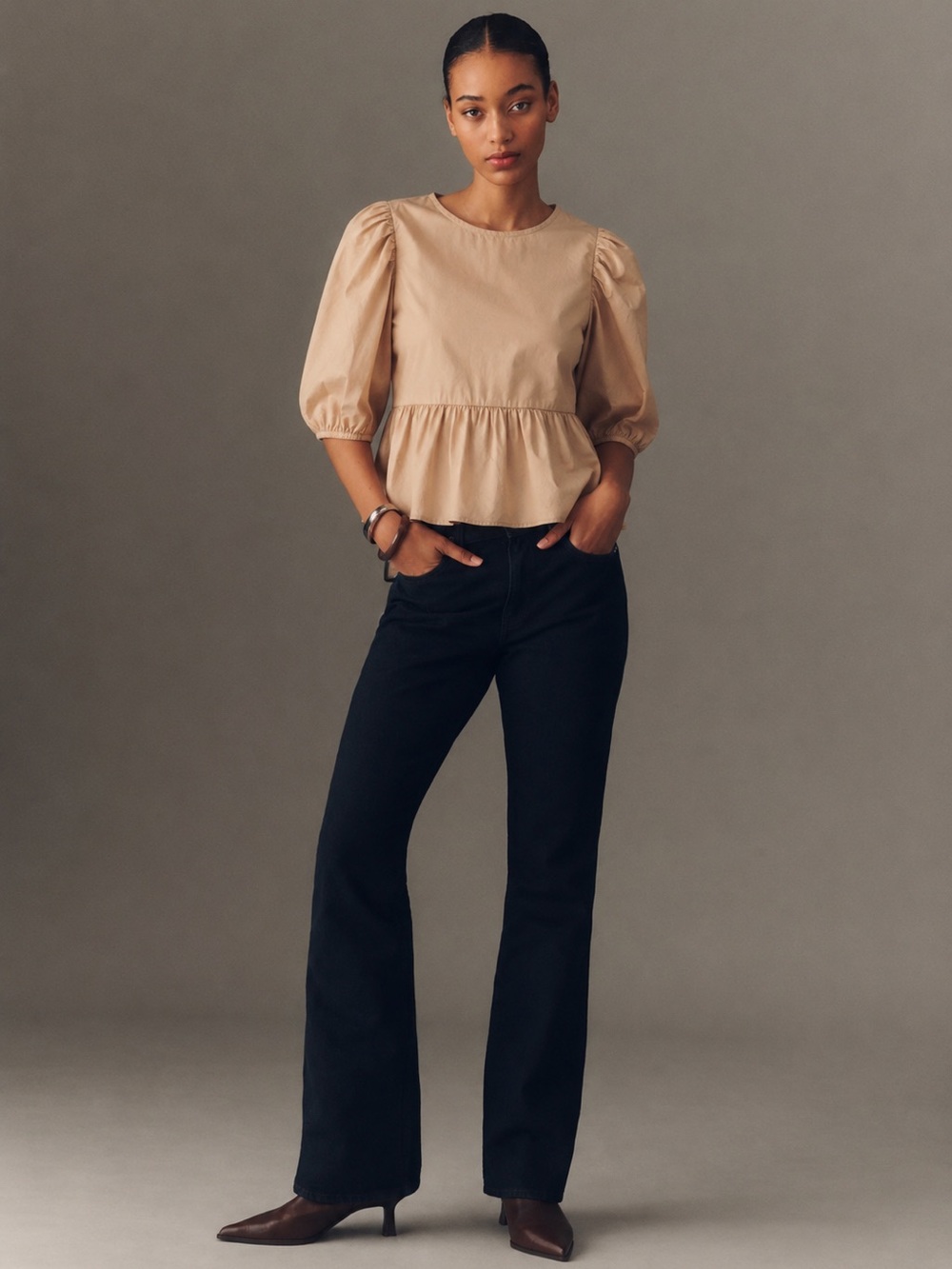 Aritzia Beige Puff-Sleeve Peplum Blouse